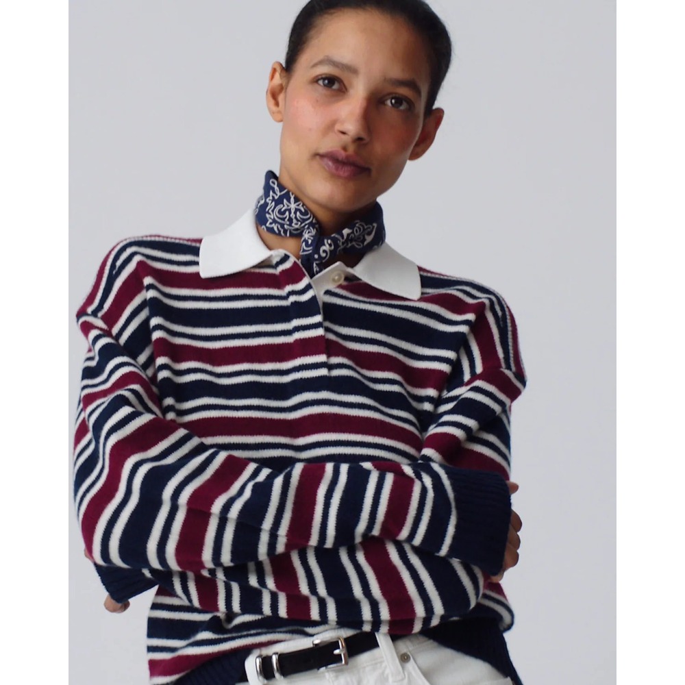 J.Crew Women LARGE Rugby Sweater Navy Burgundy Striped Lambswool CR230 NWT